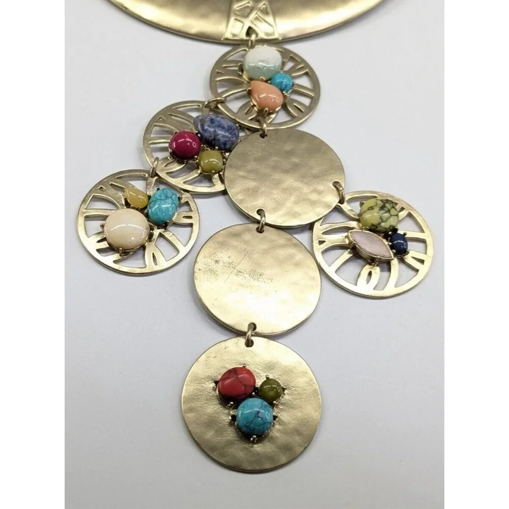 Chico's Huge Chunky Multi Strand Multi Color Stone Gold Tone Medallion Necklace - Picture 6 of 10